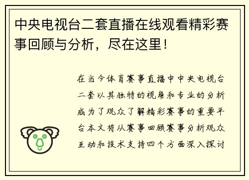 中央电视台二套直播在线观看精彩赛事回顾与分析，尽在这里！